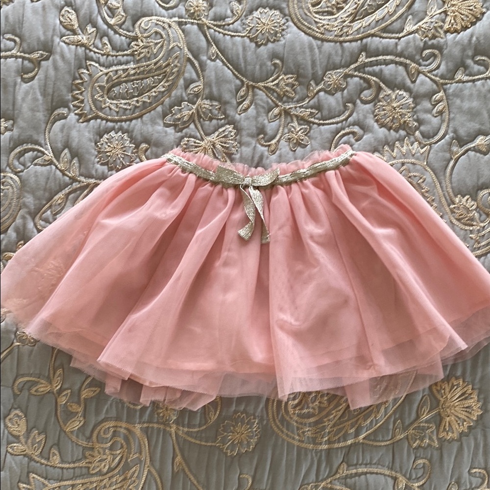 Pink Tulle Skirt with Golden Bow and Trim